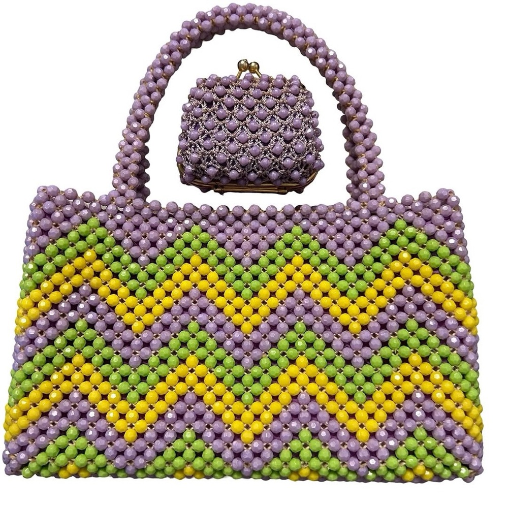 Beaded Chevron Handbag Set - Purple, Yellow, Green
